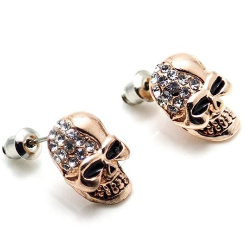 Rhinestone 3D Rose Gold Skull Post Earrings Statement Stud Gothic Biker Goth New